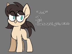 Size: 1071x798 | Tagged: safe, artist:taaffeiite, derpibooru exclusive, oc, oc only, unnamed oc, earth pony, pony, bags under eyes, female, gray background, mare, ponysona, simple background, solo, text, white outline