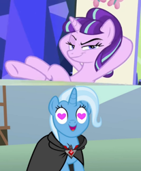 Size: 642x774 | Tagged: safe, edit, edited screencap, screencap, starlight glimmer, trixie, g4, magic duel, the cutie re-mark, alicorn amulet, female, heart, heart eyes, lesbian, ship:startrix, shipping, shipping domino, wingding eyes