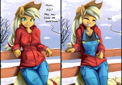Size: 2873x2000 | Tagged: safe, artist:fidzfox, applejack, earth pony, anthro, bait and switch, breasts, busty applejack, buttons, clothes, cowboy hat, cute, dialogue, eyes closed, female, freckles, frown, grin, hat, high res, hoodie, jackabetes, jacket, leaning, looking at you, mare, not what it looks like, offscreen character, overalls, pants, raised eyebrow, smiling, solo, stetson, zipper