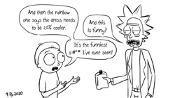 Size: 1200x675 | Tagged: safe, artist:pony-berserker, pony-berserker's twitter sketches, 20% cooler, barely pony related, monochrome, morty smith, pickle rick, rick and morty, rick sanchez, role reversal, sketch