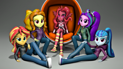 Size: 1920x1080 | Tagged: safe, artist:razethebeast, adagio dazzle, aria blaze, sonata dusk, sunset shimmer, oc, oc:mezma, equestria girls, g4, 3d, chair, clothes, converse, crossed legs, feet, hoodie, looking at you, pants, shoes, sitting, smiling, source filmmaker, the dazzlings