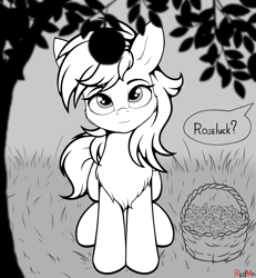 Size: 2133x2304 | Tagged: safe, artist:redmn, roseluck, pony, g4, apple, apple tree, basket, chest fluff, female, flower, fluffy, food, high res, monochrome, solo, tree