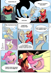 Size: 2480x3496 | Tagged: safe, artist:madgehog, idw, big macintosh, discord, pinkie pie, draconequus, pony, g4, the big mac question, spoiler:comic, spoiler:comic32, apple, apple monster, apple pinkie, chaos, colored, colt, comic, food, high res, lineart, male, monster, species swap