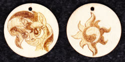Size: 1014x507 | Tagged: safe, artist:malte279, sunset shimmer, g4, craft, cutie mark, jewelry, pendant, pyrography, traditional art, wood