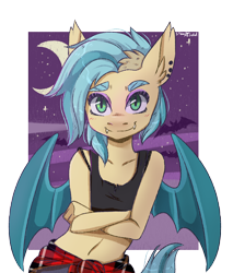 Size: 1700x2000 | Tagged: safe, artist:silbersternenlicht, oc, oc only, bat pony, anthro, bat pony oc, bat wings, clothes, commission, crescent moon, crossed arms, female, looking at you, moon, night, night sky, pants, simple background, sky, smiling, solo, stars, transparent background, wings