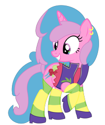 Size: 1629x1933 | Tagged: safe, artist:pegasski, artist:rukemon, oc, oc only, pony, unicorn, icey-verse, g4, base used, clothes, commission, ear piercing, earring, female, grin, hoof shoes, jacket, jewelry, leather jacket, magical lesbian spawn, mare, offspring, parent:berry punch, parent:minuette, parents:berrygate, piercing, raised hoof, shirt, simple background, smiling, solo, t-shirt, transparent background