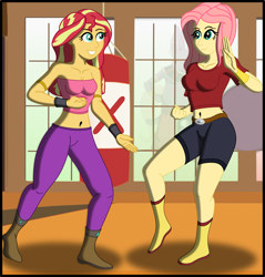 Size: 1994x2089 | Tagged: safe, artist:physicrodrigo, part of a set, fluttershy, sunset shimmer, equestria girls, g4, armlet, belly button, belt, boots, breasts, caulifla, clothes, commission, cosplay, costume, dojo, dragon ball, dragon ball super, duo, female, fist, high res, jewelry, kale, looking at each other, martial arts, midriff, pants, part of a series, punching bag, raised foot, raised hand, shirt, shoes, shorts, smiling, story in the source, training, transformation, transformation sequence, tube top, wristband