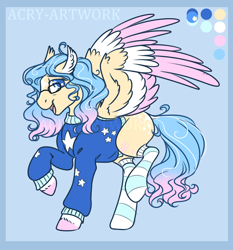 Size: 2050x2200 | Tagged: safe, artist:acry-artwork, oc, oc only, oc:blissful daydreams, pegasus, pony, clothes, colored wings, female, glasses, gradient mane, high res, multicolored wings, pajamas, reference sheet, socks, solo, striped socks, sweater, wings