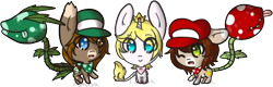 Size: 571x182 | Tagged: safe, artist:14th-crown, oc, monster pony, original species, piranha plant pony, plant pony, pony, unicorn, augmented tail, chibi, clothes, cosplay, costume, eye clipping through hair, fangs, hat, horn, leonine tail, luigi, male, mario, neckerchief, one eye closed, plant, princess peach, raised hoof, simple background, super mario bros., tongue out, transparent background, unicorn oc, wink