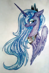 Size: 1328x1958 | Tagged: safe, artist:mysteriousshine, princess luna, alicorn, pony, g4, bedroom eyes, bust, crown, ethereal mane, female, jewelry, makeup, mare, peytral, regalia, smiling, smirk, solo, starry mane, traditional art