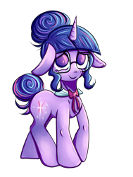 Size: 2700x3569 | Tagged: safe, artist:coco-drillo, sci-twi, twilight sparkle, pony, unicorn, g4, alternate hairstyle, bow, bowtie, colorful, female, floppy ears, glasses, hair bun, high res, simple background, solo, transparent background