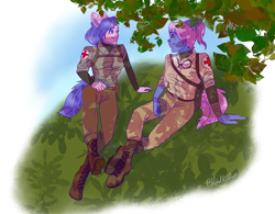 Size: 2000x1557 | Tagged: safe, artist:wicked-red-art, oc, oc only, oc:fukimo gen, oc:redheart cross, human, army, bag, belt, boots, clothes, commission, eared humanization, female, goggles, grass, grin, humanized, humanized oc, looking at each other, medic, pants, pony coloring, pouch, shirt, shoes, simple background, smiling, tailed humanization, transparent background, tree