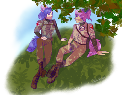 Size: 2000x1557 | Tagged: safe, alternate version, artist:wicked-red-art, oc, oc only, oc:fukimo gen, oc:redheart cross, human, army, bag, belt, boots, clothes, commission, eared humanization, female, goggles, grass, grin, humanized, humanized oc, looking at each other, medic, pants, pouch, shirt, shoes, simple background, smiling, tailed humanization, transparent background, tree