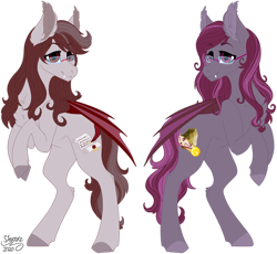 Size: 1501x1379 | Tagged: safe, artist:sharxz, oc, oc only, oc:magenta scroll, oc:scarlet quill, bat pony, pony, bat pony oc, bat wings, comic, commission, digital art, fangs, female, fraternal twins, glasses, mare, rearing, siblings, signature, simple background, sisters, smiling, transparent background, twin sisters, twins, wings