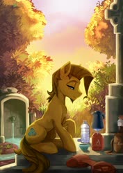 Size: 1555x2200 | Tagged: safe, artist:fidzfox, oc, oc only, earth pony, pony, chest fluff, coffee, facial hair, fire, fountain, goatee, lidded eyes, male, scenery, sitting, solo, stallion, tree, water bottle