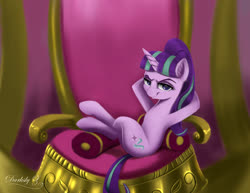 Size: 3539x2727 | Tagged: safe, artist:darksly, starlight glimmer, pony, unicorn, g4, alternate universe, arm behind head, bad end, female, high res, looking at you, lounging, mare, raised eyebrow, s5 starlight, sitting, smiling, smug, smuglight glimmer, solo, starry eyes, this will end in communism, throne, tyrant glimmer, welcome home twilight, wingding eyes