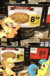 Size: 1280x1921 | Tagged: safe, artist:twiface, applejack, lemon hearts, earth pony, pony, unicorn, g4, angry, applejack's hat, cowboy hat, female, food, freckles, grin, grocery store, hat, mare, open mouth, pi day, pie, rearing, smiling