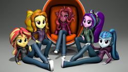 Size: 1920x1080 | Tagged: safe, alternate version, artist:razethebeast, adagio dazzle, aria blaze, sonata dusk, sunset shimmer, oc, oc:mezma, equestria girls, g4, 3d, chair, clothes, converse, crossed legs, hoodie, looking at you, pants, shoes, sitting, smiling, source filmmaker, the dazzlings