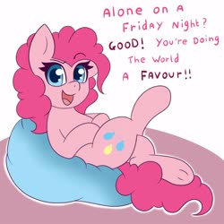 Size: 3000x3000 | Tagged: safe, artist:pegamutt, pinkie pie, earth pony, pony, eqg summertime shorts, g4, alone on a friday night? god you're pathetic, coronavirus, covid-19, cute, diapinkes, female, friday, friday night, high res, looking at you, meme, on back, open mouth, quarantine, social distancing, solo, stay at home, subverted meme, talking to viewer, text, underhoof