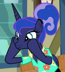 Size: 520x570 | Tagged: safe, screencap, princess luna, alicorn, pony, between dark and dawn, g4, season 9, alternate hairstyle, cheek squish, clothes, cropped, cute, dashface, female, folded wings, hair bun, hawaiian shirt, lunabetes, mare, post office, shirt, smiling, solo, squishy cheeks, that pony sure does love the post office, vacation, wings