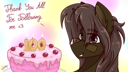 Size: 1920x1080 | Tagged: safe, artist:chebypattern, oc, oc only, oc:chebypattern, pony, cake, candle, follower celebration, follower count, food, glasses, simple background, solo, text, thank you