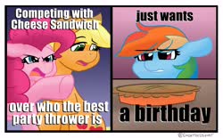 Size: 2851x1762 | Tagged: safe, alternate version, artist:cadetredshirt, applejack, pinkie pie, rainbow dash, earth pony, pegasus, pony, g4, pinkie pride, confused, crying, digital art, food, funny, hat, looking at each other, meme, pie, pointing, simple background, text, woman yelling at a cat, yelling