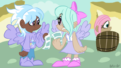 Size: 800x450 | Tagged: safe, artist:mirabuncupcakes15, cloudchaser, flitter, fluttershy, human, g4, barrel, boots, bow, clothes, dark skin, dress, female, flyer, hair bow, hair over one eye, hoodie, humanized, jeans, pants, scene interpretation, shoes, siblings, sisters, torn clothes, twins, winged humanization, wings