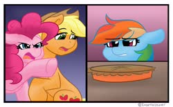Size: 2851x1762 | Tagged: safe, artist:cadetredshirt, applejack, pinkie pie, rainbow dash, earth pony, pegasus, pony, g4, confused, crying, digital art, funny, hat, looking at each other, meme, pointing, ponified, ponified meme, simple background, template, text, woman yelling at a cat, yelling