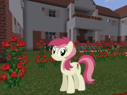 Size: 2048x1536 | Tagged: safe, artist:eugenebrony, artist:topsangtheman, roseluck, earth pony, pony, g4, female, garden, house, looking at you, minecraft, photoshopped into minecraft, rose bush, show accurate, solo