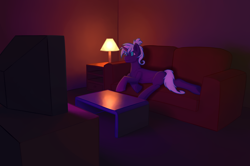 Size: 4500x2988 | Tagged: safe, artist:asphodel, oc, oc only, oc:asphodel frost, pony, unicorn, couch, cozy, female, lying down, solo, television