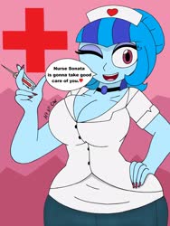Size: 1932x2576 | Tagged: safe, artist:c_w, sonata dusk, equestria girls, g4, big breasts, breasts, busty sonata dusk, cleavage, eyelashes, eyeshadow, hair bun, hand on hip, jewelry, looking at you, makeup, nail polish, nails, nurse, one eye closed, pendant, plump, smiling, syringe, thighs, wink, winking at you