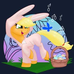 Size: 1280x1280 | Tagged: safe, artist:cadetredshirt, applejack, butterfly, earth pony, pony, g4, animal costume, basket, bunny costume, bunny ears, clothes, costume, digital art, easter, easter basket, easter bunny, female, freckles, holiday, missing accessory, music notes, simple background, smiling, solo, walking, ych result
