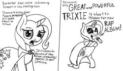 Size: 640x370 | Tagged: safe, artist:ewoudcponies, trixie, pony, unicorn, g4, black and white, cape, clothes, comic, glasses, grayscale, hip hop, microphone, monochrome, sketch, solo, traditional art, trixie's cape