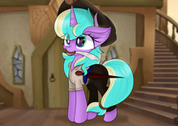 Size: 5787x4092 | Tagged: safe, artist:janelearts, oc, oc only, pony, unicorn, absurd resolution, commission, cute, door, female, mare, mouth hold, ocbetes, pirate, solo, stairs, sword, weapon