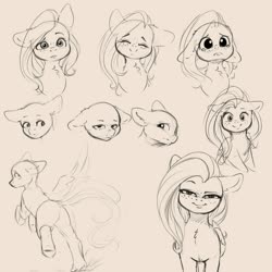 Size: 4000x4000 | Tagged: safe, artist:miokomata, fluttershy, pegasus, pony, g4, bald, black and white, bust, butt, chest fluff, crying, dock, female, floppy ears, freckles, freckleshy, grayscale, happy, looking at you, mare, monochrome, plot, simple background, sketch, sketch dump, smiling, solo