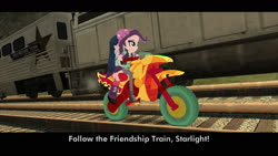 Size: 1600x900 | Tagged: safe, starlight glimmer, twilight sparkle, equestria girls, g4, cutscene, grand theft auto, gta san andreas, meme, motorcross, motorcycle, train, wrong side of the tracks
