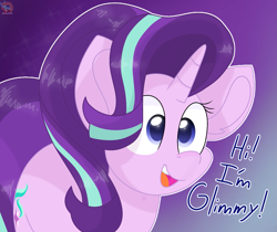 Size: 1835x1538 | Tagged: safe, artist:rainbow eevee, starlight glimmer, pony, unicorn, g4, adorkable, big ears, cute, dork, eyelashes, female, glimmerbetes, gradient background, happy, mare, nickname, open mouth, purple eyes, smiling, solo, starlight glimmer day, this will end in cuddles
