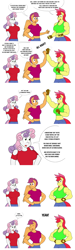 Size: 1280x4264 | Tagged: safe, artist:matchstickman, apple bloom, scootaloo, sweetie belle, earth pony, pegasus, unicorn, anthro, matchstickman's apple brawn series, tumblr:where the apple blossoms, g4, abs, apple brawn, biceps, breasts, busty apple bloom, busty scootaloo, busty sweetie belle, clothes, comic, cutie mark crusaders, deltoids, dialogue, female, fingerless gloves, fist bump, gloves, mare, muscles, muscular female, older, older apple bloom, older scootaloo, older sweetie belle, one eye closed, shirt, simple background, speech bubble, trio, tumblr comic, white background, wink