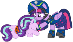 Size: 1392x792 | Tagged: safe, artist:徐詩珮, starlight glimmer, twilight sparkle, alicorn, pony, series:sprglitemplight diary, series:sprglitemplight life jacket days, series:springshadowdrops diary, series:springshadowdrops life jacket days, g4, alternate universe, base used, chase (paw patrol), clothes, crying, duo, female, lesbian, lifejacket, paw patrol, sad, ship:twistarlight, shipping, simple background, spy chase (paw patrol), transparent background, twilight sparkle (alicorn), vector