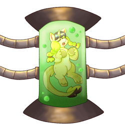 Size: 3000x3000 | Tagged: safe, artist:rigbythememe, derpibooru exclusive, oc, oc only, oc:gumi (rigbythememe), goo, pony, unicorn, artificial life, bangs, braid, colorful, detailed, experiment, female, green, high res, liquid, machine, machinery, metal, simple background, solo, test tube, transparent background, tube, unconscious, vat