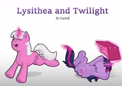 Size: 1280x905 | Tagged: safe, artist:littletigressda, twilight sparkle, alicorn, pony, unicorn, fanfic:lysithea and twilight, g4, book, crossover, fanfic, fanfic art, fanfic cover, female, filly, filly twilight sparkle, fire emblem, fire emblem: three houses, lysithea von ordelia, not an oc, ponified, siblings, sisters, twilight sparkle (alicorn), twins, younger