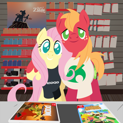 Size: 2160x2160 | Tagged: safe, anonymous artist, big macintosh, fluttershy, earth pony, pegasus, pony, series:fm holidays, g4, animal crossing, animal crossing: new horizons, clothes, doom, doom eternal, female, gamestop, high res, hoof on shoulder, lineless, looking at you, male, meme, no pupils, ponified meme, ship:fluttermac, shipping, shirt, straight, t-shirt