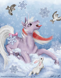 Size: 716x911 | Tagged: safe, artist:katriona-seallach, powder, bird, rabbit, g1, animal, bow, catching snowflakes, mlem, silly, snow, snowflake, tail bow, tongue out, underhoof