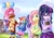 Size: 1023x724 | Tagged: safe, artist:araiiara123, applejack, fluttershy, pinkie pie, rainbow dash, rarity, sci-twi, twilight sparkle, equestria girls, g4, accessory theft, applejack's hat, balloon, cowboy hat, equestria girls logo, floating, hat, humane five, humane six, then watch her balloons lift her up to the sky