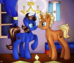 Size: 1280x1083 | Tagged: safe, artist:appleneedle, oc, oc only, oc:scuffle, oc:tango trot, pony, unicorn, fanfic:magic of the heart, candle, commission, fight, illustration, rivals, story