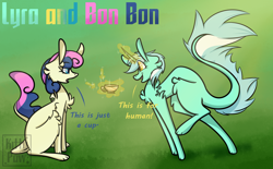 Size: 1742x1080 | Tagged: safe, artist:sunnypaw121, bon bon, lyra heartstrings, sweetie drops, cat, g4, alternate design, catified, cup, horn, levitation, magic, species swap, teacup, telekinesis, that pony sure does love humans