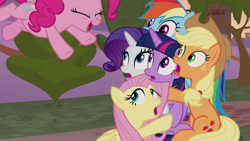 Size: 1920x1080 | Tagged: safe, screencap, applejack, fluttershy, pinkie pie, rainbow dash, rarity, twilight sparkle, alicorn, pony, g4, the summer sun setback, cuddle puddle, cuddling, female, incoming pounce, mane six, pony pile, this will end in hugs, twilight sparkle (alicorn)