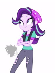 Size: 1536x2048 | Tagged: safe, artist:elbooker29, starlight glimmer, equestria girls, g4, beanie, clothes, female, hat, jeans, pants, ripped jeans, ripped pants, shirt, smiling, solo, teenager, torn clothes, vest