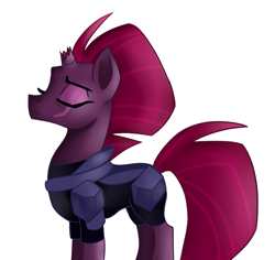 Size: 1887x1785 | Tagged: safe, artist:jbond, artist:rollingrabbit, color edit, edit, fizzlepop berrytwist, tempest shadow, pony, unicorn, g4, armor, broken horn, colored, eyes closed, female, horn, mare, painting, scar, simple background, solo, white background