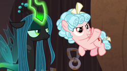 Size: 1920x1080 | Tagged: safe, screencap, cozy glow, queen chrysalis, changeling, changeling queen, pegasus, pony, g4, the summer sun setback, duo, female, filly, flying, foal, glowing horn, horn, lidded eyes